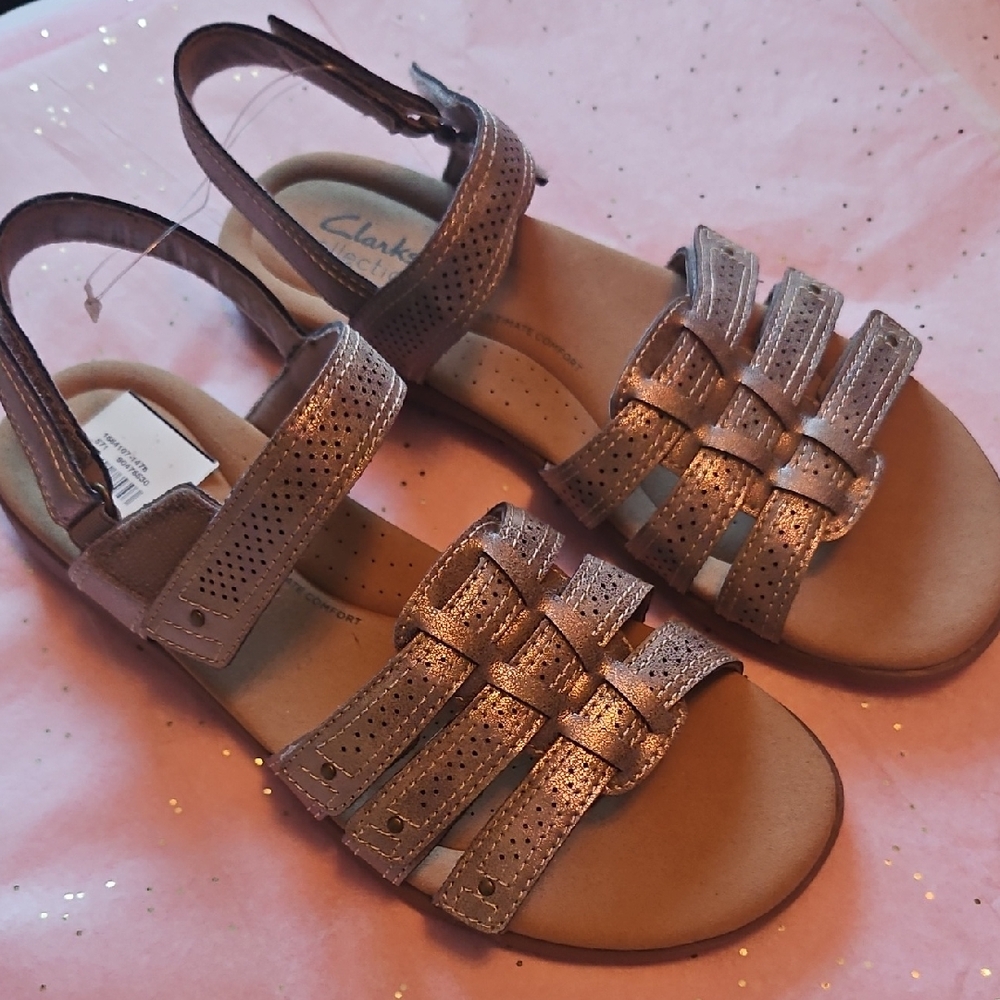 Clarks Metallic Taupe Woven-Strap Sandals